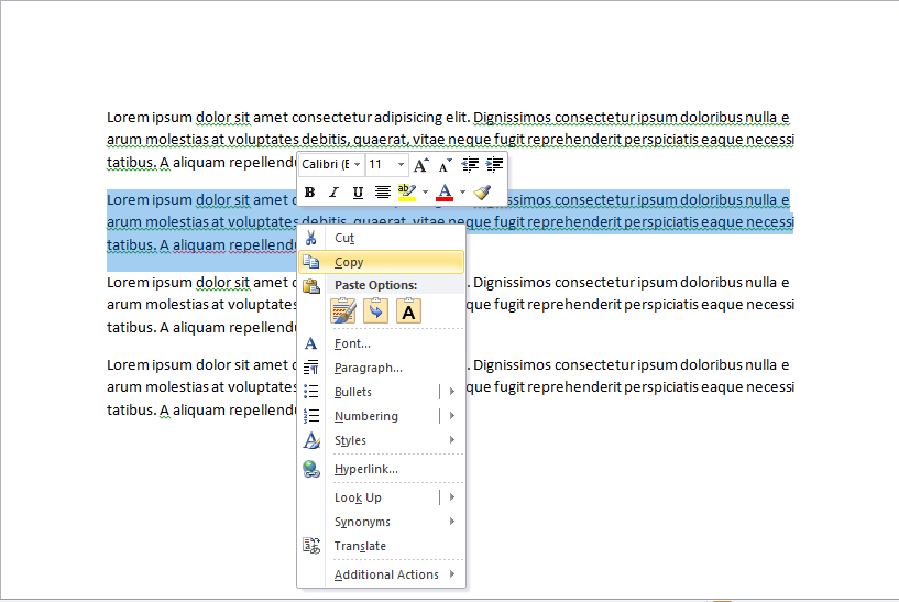 Picture of a Microsoft Word's right-click options