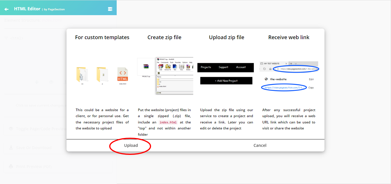 Screenshot showing how to upload html online