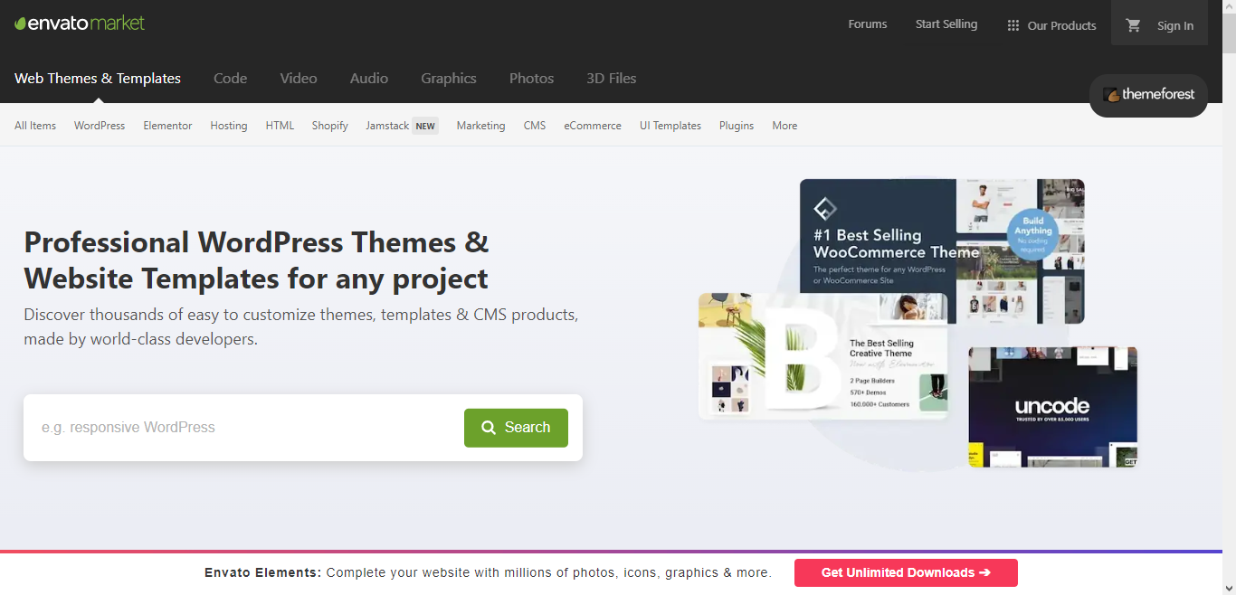 Screenshot of Themeforest's website